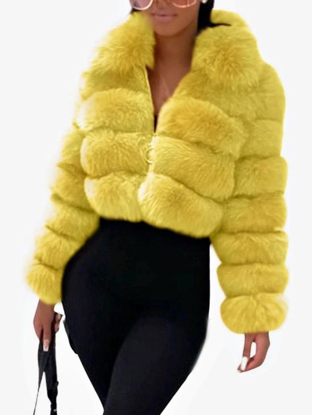 Yellow Faux Fur Cropped Puffer Size Medium